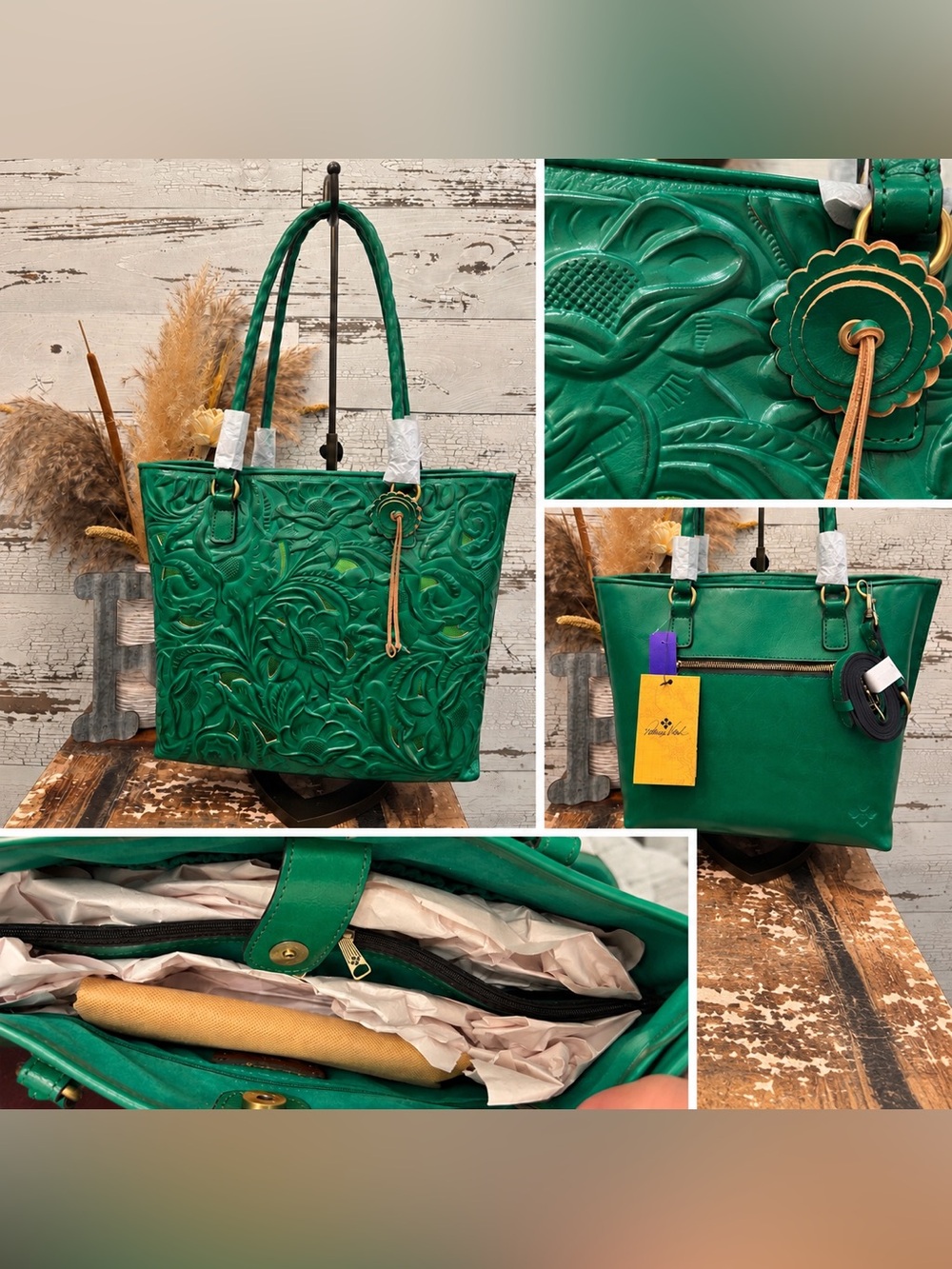 Patricia Nash NWT Adeline Emerald Green Floral Embossed Tote